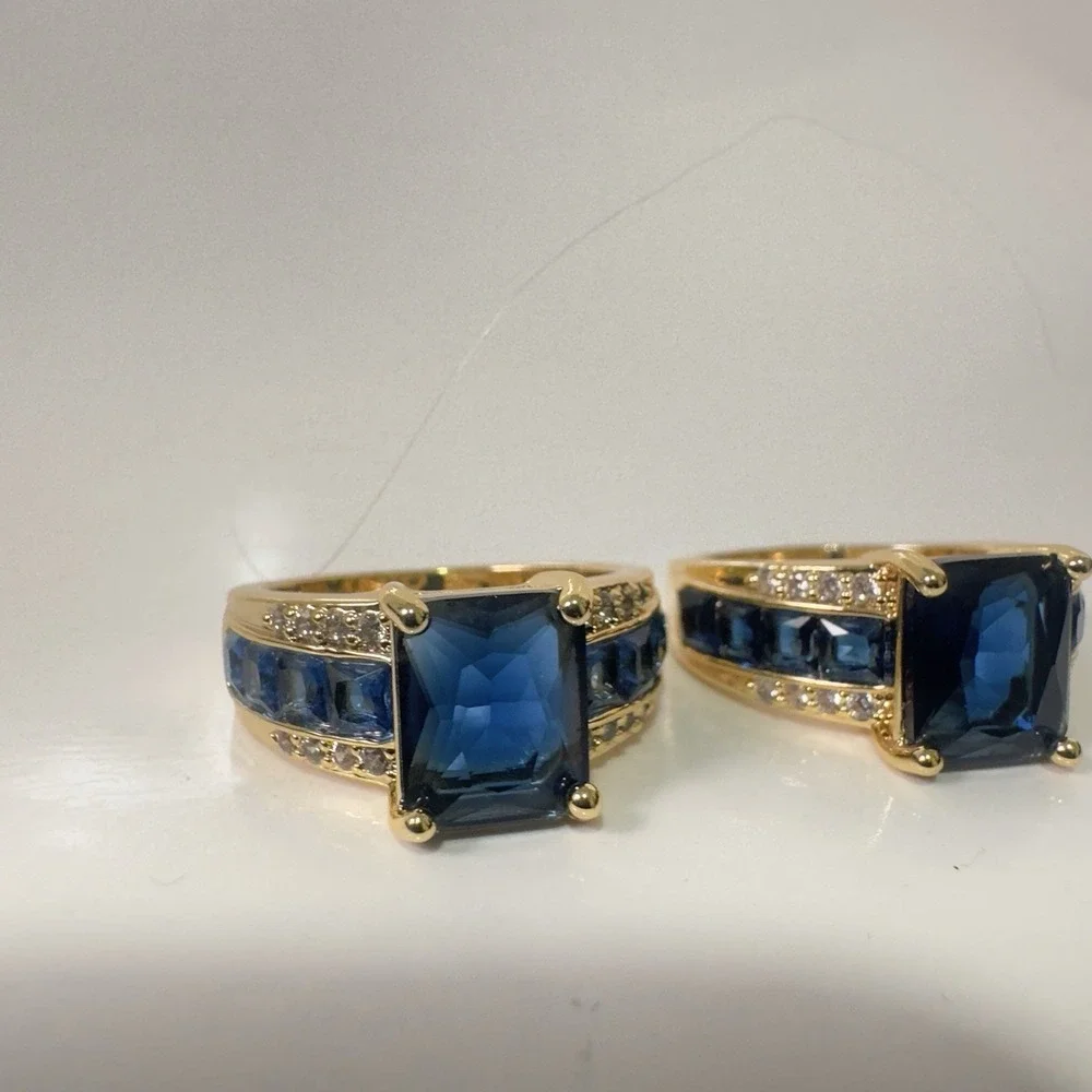 2 Yoursfs Rings Blue Stones Gold Tone Square Shape‎ Size 10 Costume Jewelry Gift
